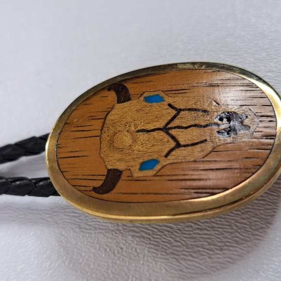 Vintage Buffalo Head Inlay Exotic Wood Brass Bolo With Turquoise Eyes - Picture 8 of 12